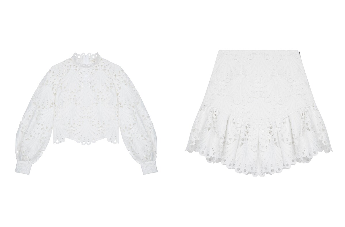 Maje鏤空短版上衣，NT$10,440／鏤空短裙，NT$10,440