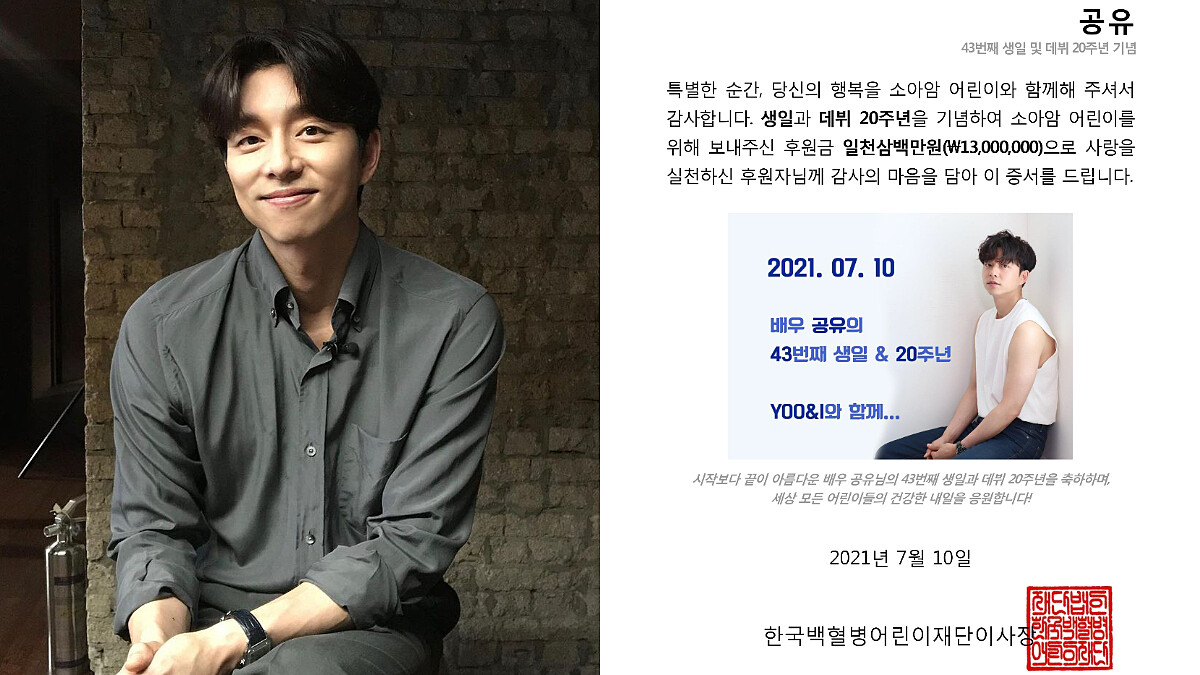 孔劉 42歲巨蟹男神生日快樂！粉絲大禮，以歐巴名義捐贈「白血病童基金會」1300萬韓圜，連續5年太暖心！