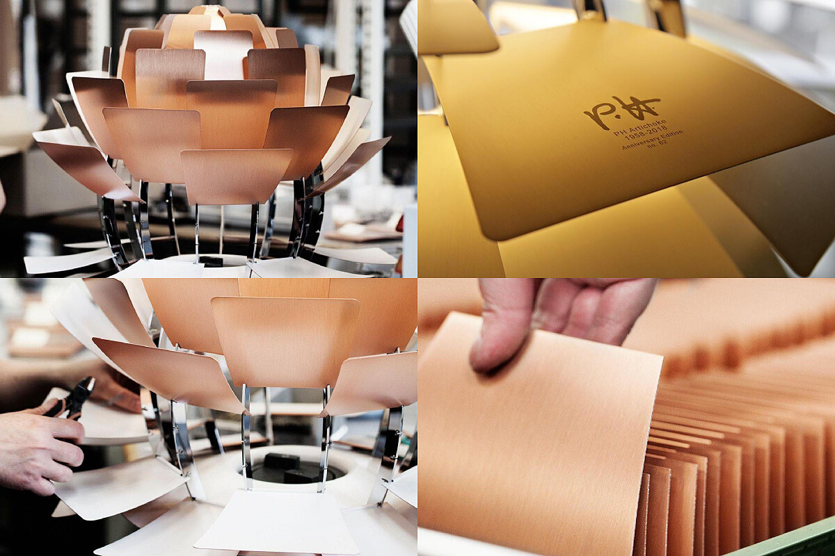 整座燈具由72片如樹葉般交錯堆疊的金屬構造組成，圖片為組裝過程。