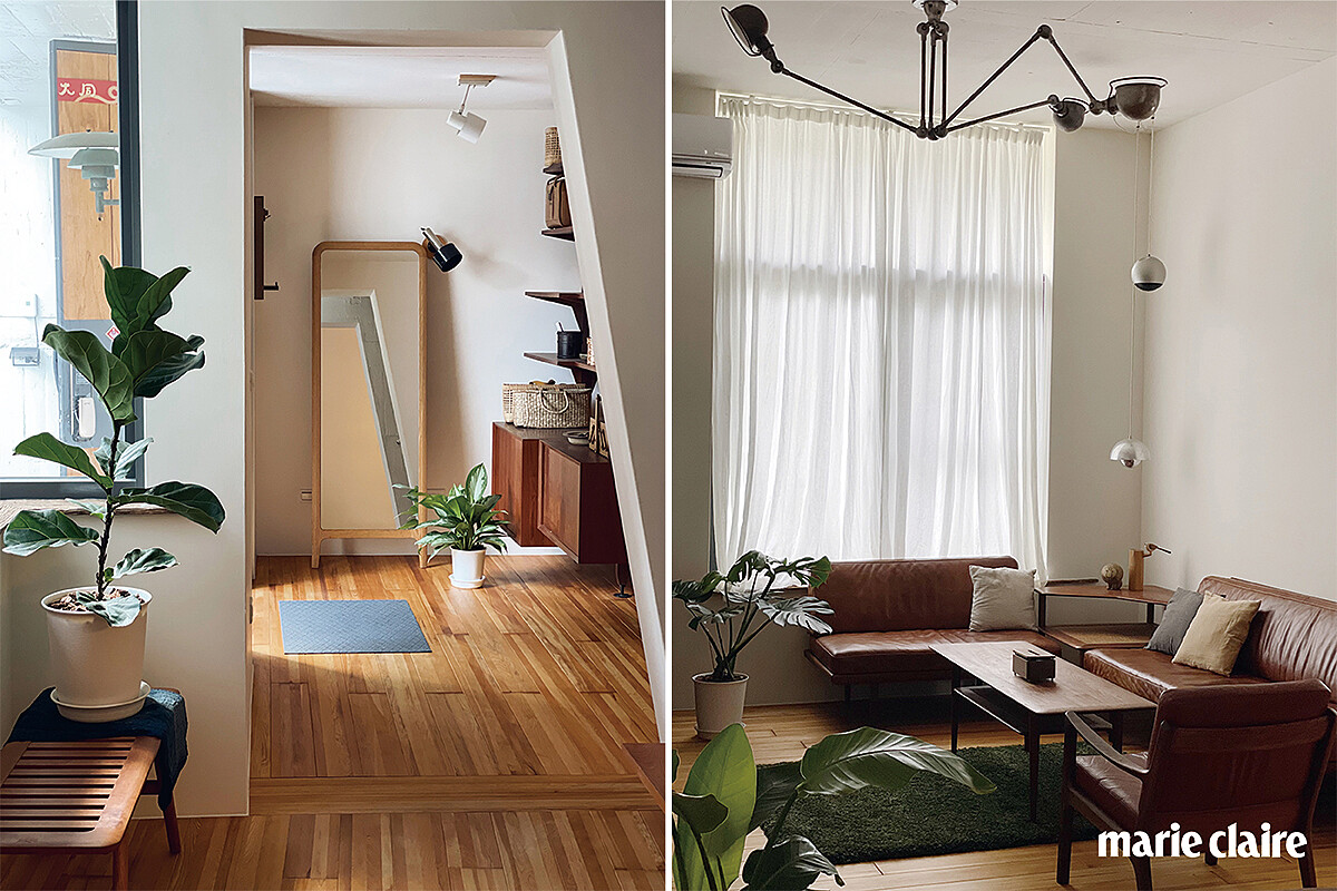 （左）室內空間採無木作櫃體，並利用收藏多年的檜木角料作為整棟建築物地板原料，最後再擺放收藏多年的傢俱。（右）在設計圖產出後，立即想好燈具配置，所有的燈具都是事先規劃好的位置，法國三頭 Jield&eacute; 立燈通常作為壁燈使用，小白則轉換為頂燈用法，並被規劃安置在客廳挑高300公分的空間內。