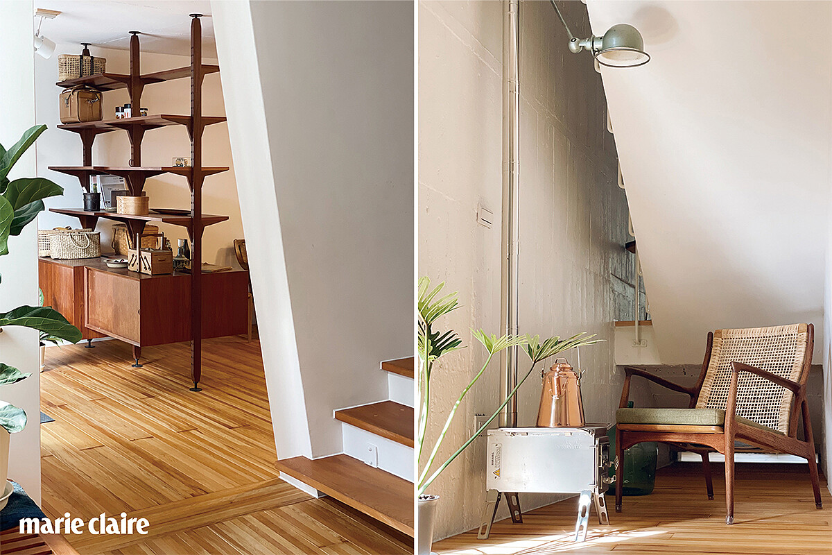 （左）宅邸內處處可見無直角的牆面設計。（右）偶爾會帶說話投機的客人、熱衷收藏北歐傢俱的朋友至家裡休憩，因為將這些美好的傢俱放在生活場景，名貴的設計椅彷彿變得沒有距離，所以也常常被要求轉讓，樓梯下的空間放置了 Erik Anderson 和 Palle Pedersen 設計的經典單椅。