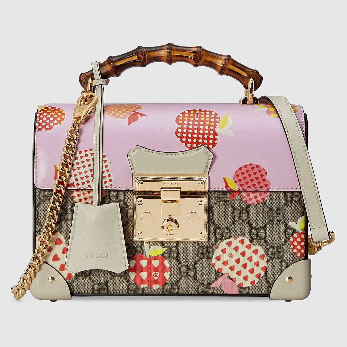 Gucci Les Pommes夕情人節特別系列：Padlock竹節肩背包NT90,400。 