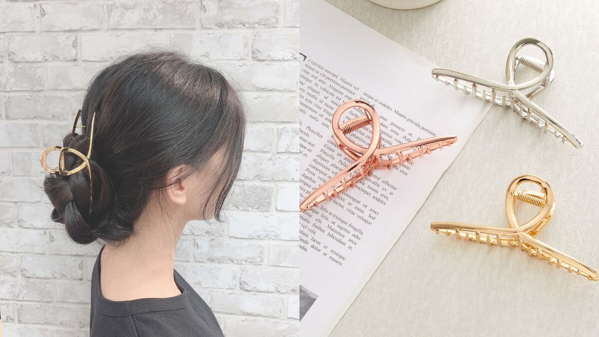 (右)首爾DESIGN交叉弧形抓夾合金亮面，NT119(寶雅提供)