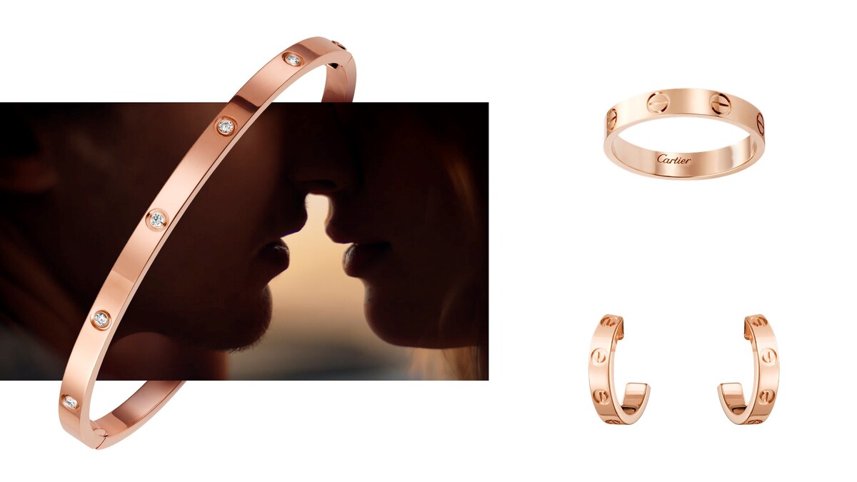 由左至右為：卡地亞LOVE鑽石手環、卡地亞LOVE戒指(上)、卡地亞LOVE耳環(下)