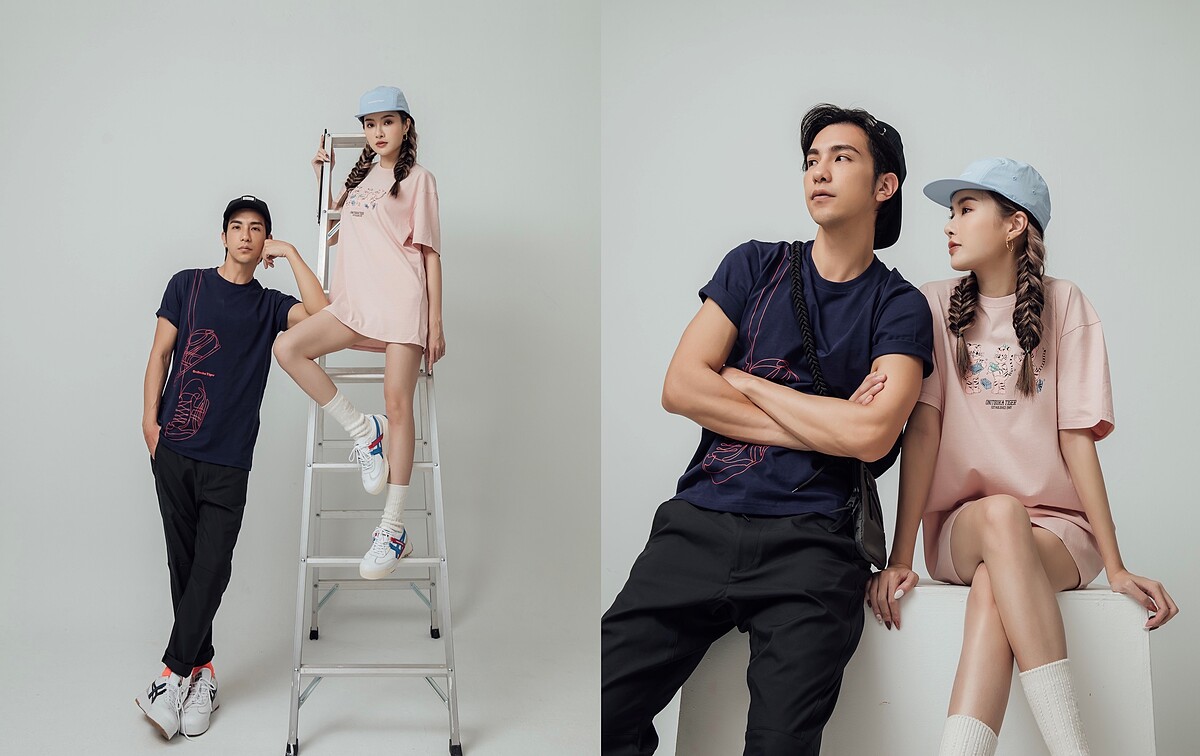 (MANDY)粉紅萌虎圖案上衣NT1,440，寶寶藍棒球帽NT1,800，DELEGATION EX鞋款NT4,580（以上皆為建議售價）。 (MANDY男友) 藍色球鞋塗鴉上衣NT1,500，黑色棒球帽NT1,800，黑色長褲NT4,800，字母中筒襪NT480，DELEGATION EX鞋款NT4,580（以上皆為建議售價）。