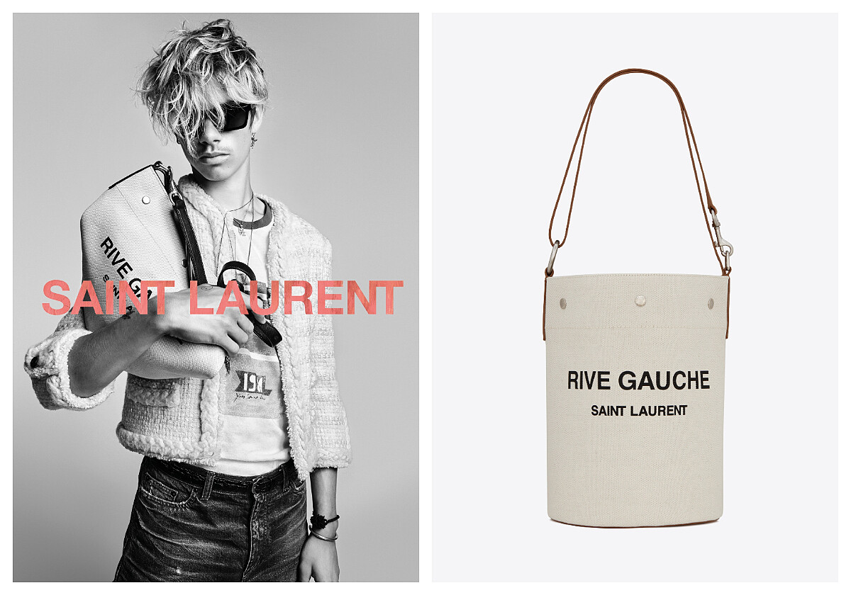 (左) Romeo Beckham 演繹 Saint Laurent 經典丹寧系列。(右) RIVE GAUCHE 帆布與焦糖褐色小牛皮水桶包，NT44,000 