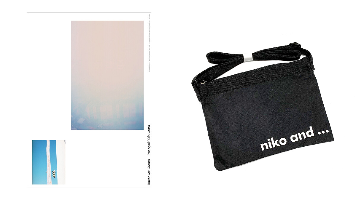 左為聶永真圖選設計海報，右為niko and...Logo 迷你肩背斜背包。