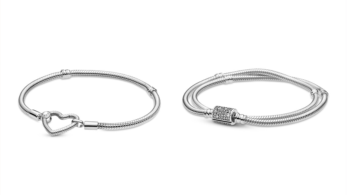 Pandora 925銀愛心釦環手鏈NT3,280、Pandora 925銀璀璨釦頭雙圈手鏈NT$5,380。