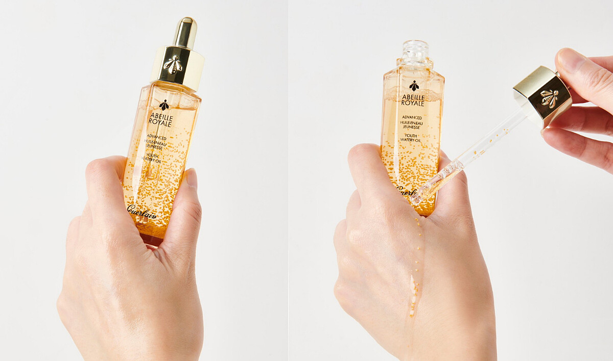 嬌蘭全新第三代小金瓶「皇家蜂王乳平衡油3G」,質地水潤輕爽流動性強,抹開後迅速吸收不黏膩