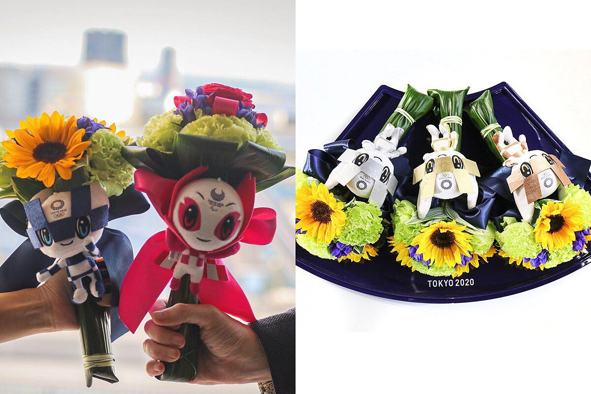 奧運勝利花束以及頒獎托盤。