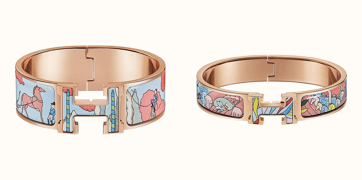 （左）Herm&egrave;sClic All Over系列 圖紋珐瑯手環（寬），售價NT$26,900 （右）Clic All Over系列 圖紋珐瑯手環（窄），售價NT$24,500