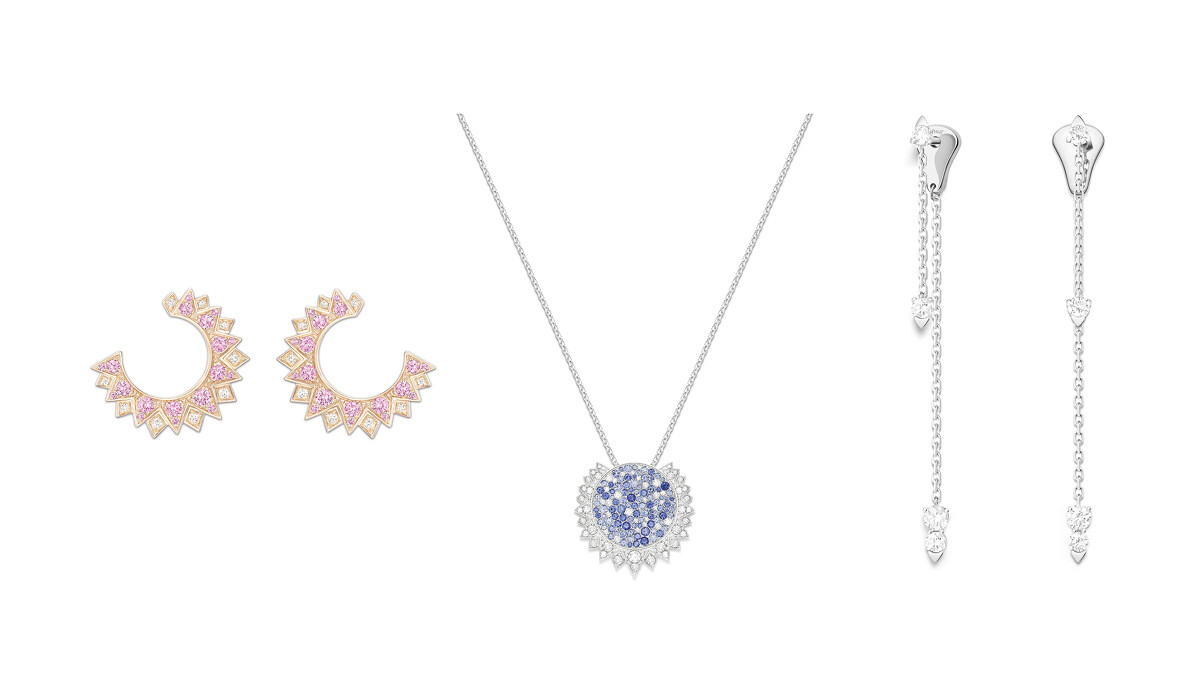 PIAGET Sunlight系列18K玫瑰金粉紅藍寶石及鑽石耳環、PIAGET Sunlight 系列18K白金藍寶石及鑽石墜鍊、PIAGET Sunlight系列18白金鑽石耳環。