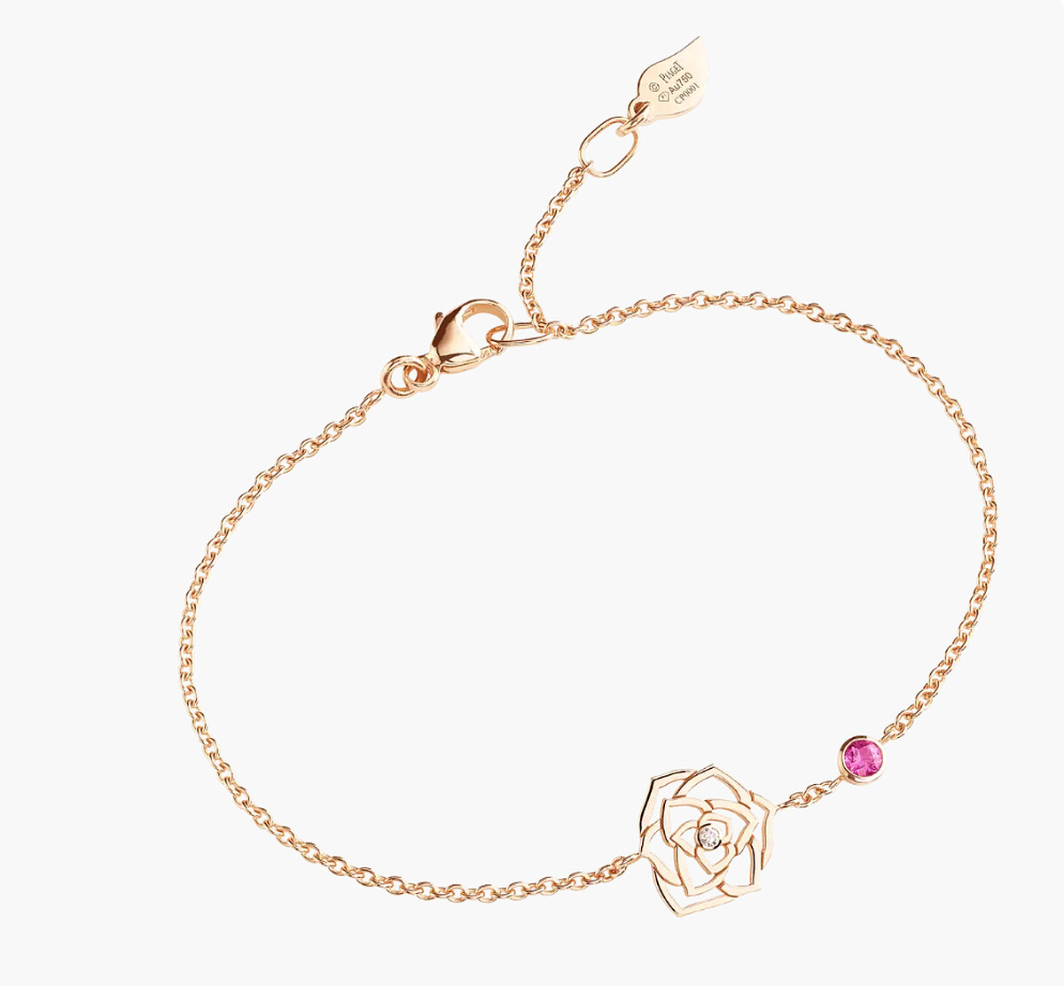 Piaget 伯爵 Piaget Rose 18K玫瑰金手鏈,鑲飾1顆圓形美鑽(約0.01克拉)和1顆粉紅色藍寶石(約0.10克拉),售價NT$ 46,500