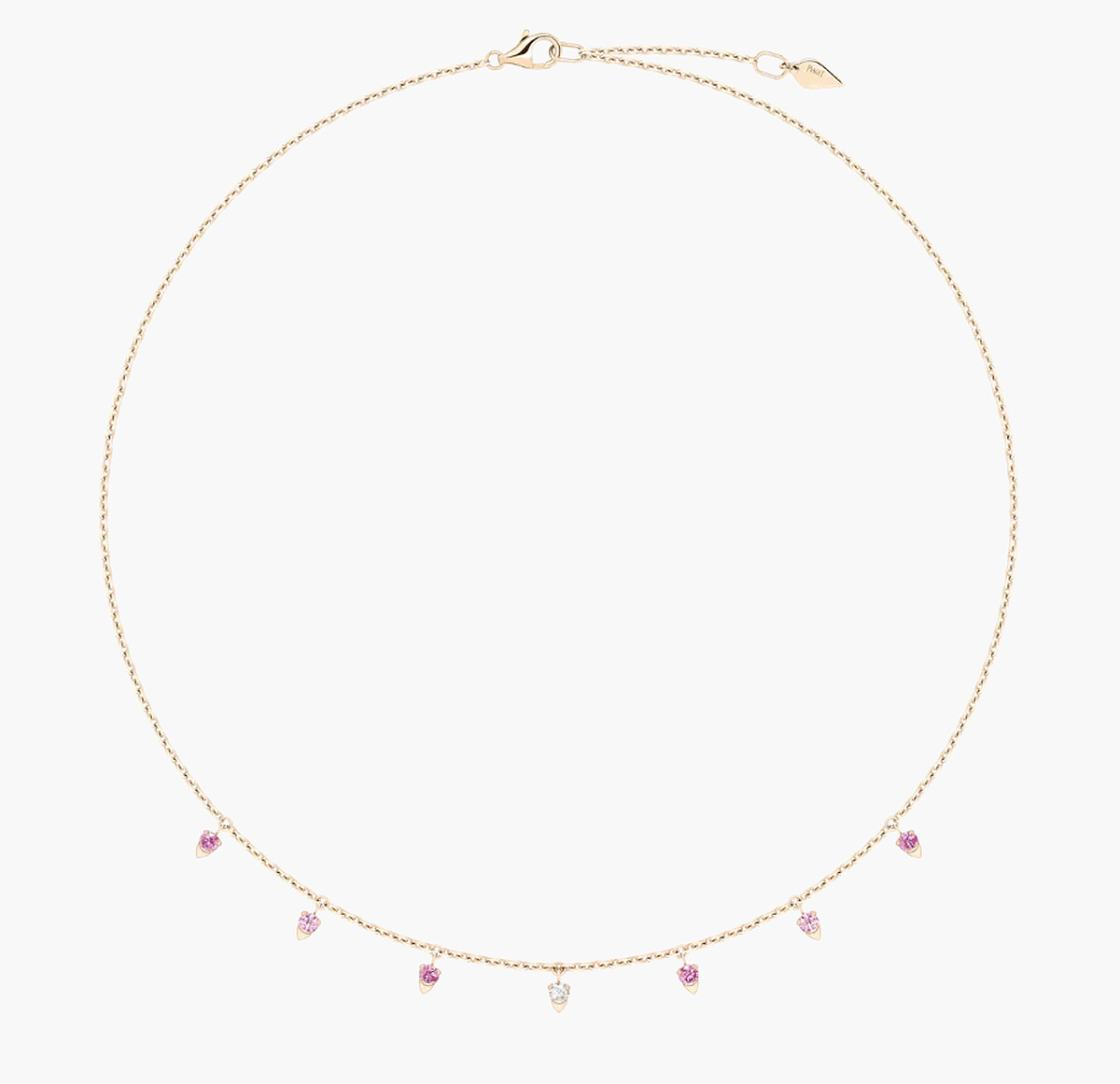 Piaget Sunlight 項鏈2021年全新款,18K玫瑰金,鑲飾1顆明亮形切割圓形美鑽(約0.06克拉)和6顆粉紅色藍寶石(約0.48克拉),售價NT$ 108,000