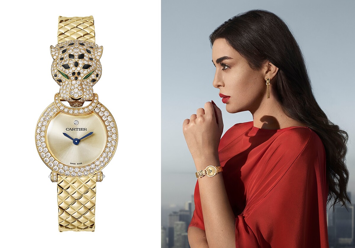 La Panth&egrave;re美洲豹舖鑲鑽腕錶(石英機芯。黃K金錶殼、錶鍊，鑲嵌134顆圓形明亮式切割鑽石，梨形祖母綠豹眼，黑色真漆豹鼻及豹紋，金色錶盤，藍鋼劍形指針，藍寶石水晶鏡面)。