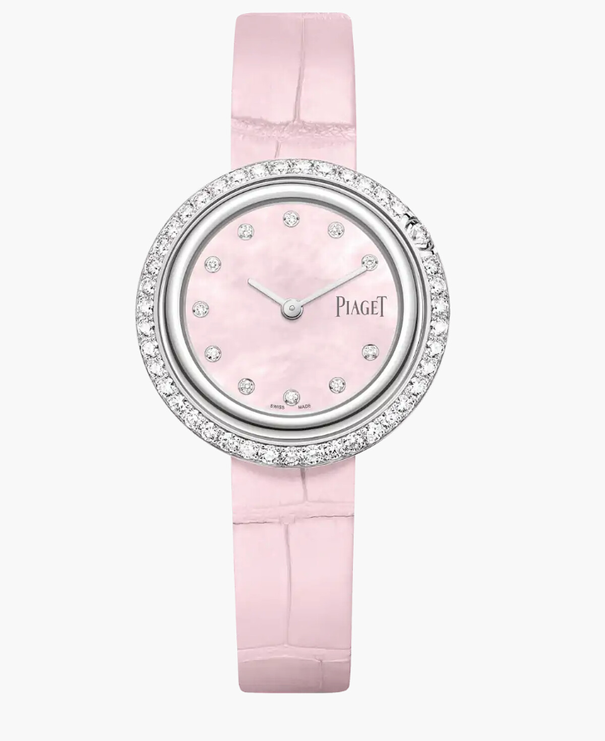 PIAGET POSSESSION腕錶 可更換錶帶 Possession腕錶,直徑29毫米。18K白金錶殼,鑲飾42顆明亮形切割圓形美鑽(約1.03克拉)。粉紅色珍珠貝母錶盤鑲飾11顆明亮形切割圓形美鑽(約0.07克拉)。可替換式錶帶。伯爵製56P石英機芯。NT$ 530,000