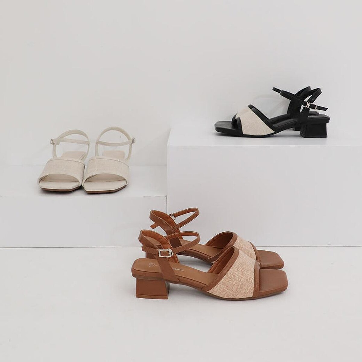 亞麻布拼接低跟涼鞋