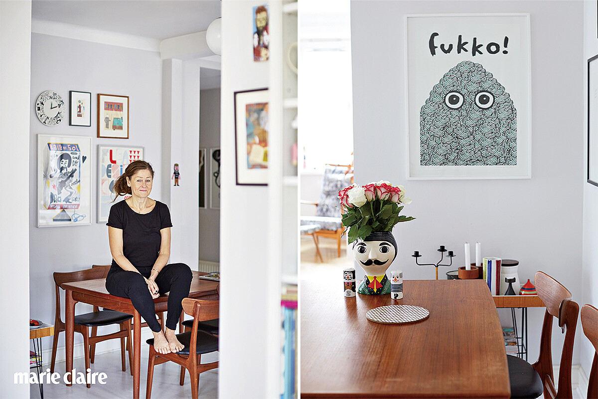 （左）Arrhenius 和家裡的餐桌合影，在家沒什麼專屬工作空間，她通常會這張餐桌上工作。（右）Arrhenius和 OMM Design 合作的椒鹽罐，和 Kitsch Kitchen 合作的花瓶。牆上的海報是插畫家 Kenneth Andersson 的作品，他也是瑞典人。