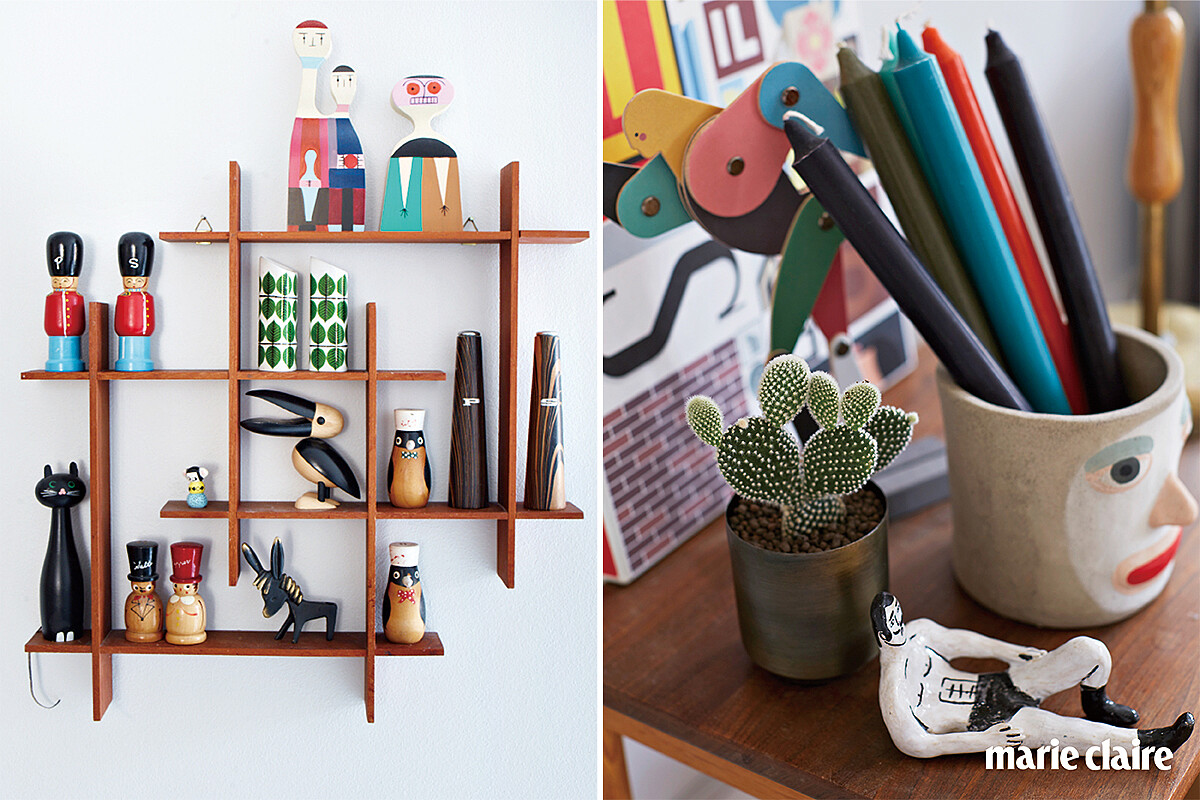 (右)公寓的牆壁擺上喜歡的收藏作為裝飾。(左)英國插畫家與陶藝家 Lucy Kirk 作的陶瓷人像,丹麥家居品牌HAY的筆筒,是具有現代生活風格的家居品牌。