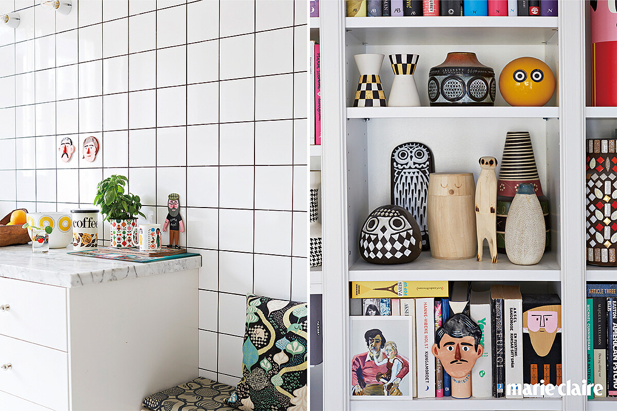 (左)住在斯德哥爾摩市區的公寓採光極佳,古董邊桌搭配明亮的白色磁磚,營造出清新乾淨的氛圍。(右)書架上擺滿從各處蒐集來的古董小物,全都很有她的風格,活潑又色彩繽紛。