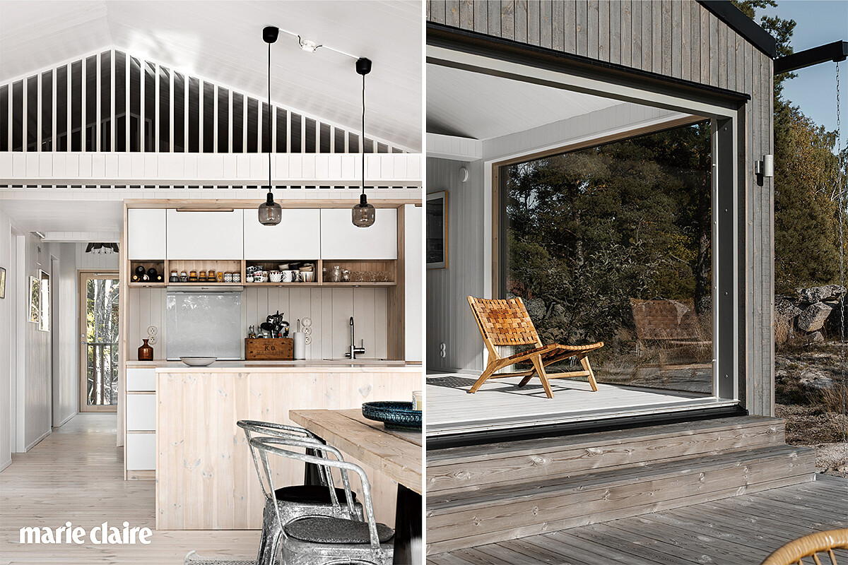 （左）夏日小屋的廚房，雖然不大，但配備齊全。 （右）非常喜歡夏日小屋的客廳與戶外露台連接的空間，因為在不同時間有不同光影效果。Photo by Alexander G&aring;rdenberg