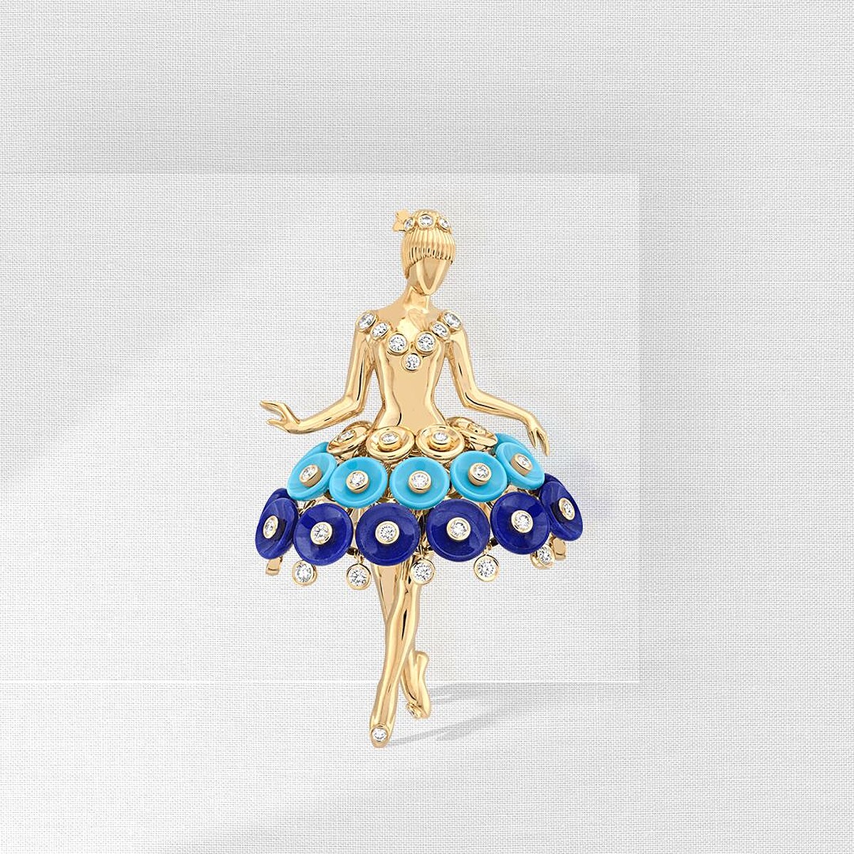 Bouton d&rsquo;or芭蕾舞伶胸針，黃K金、綠松石、青金石、鑽石