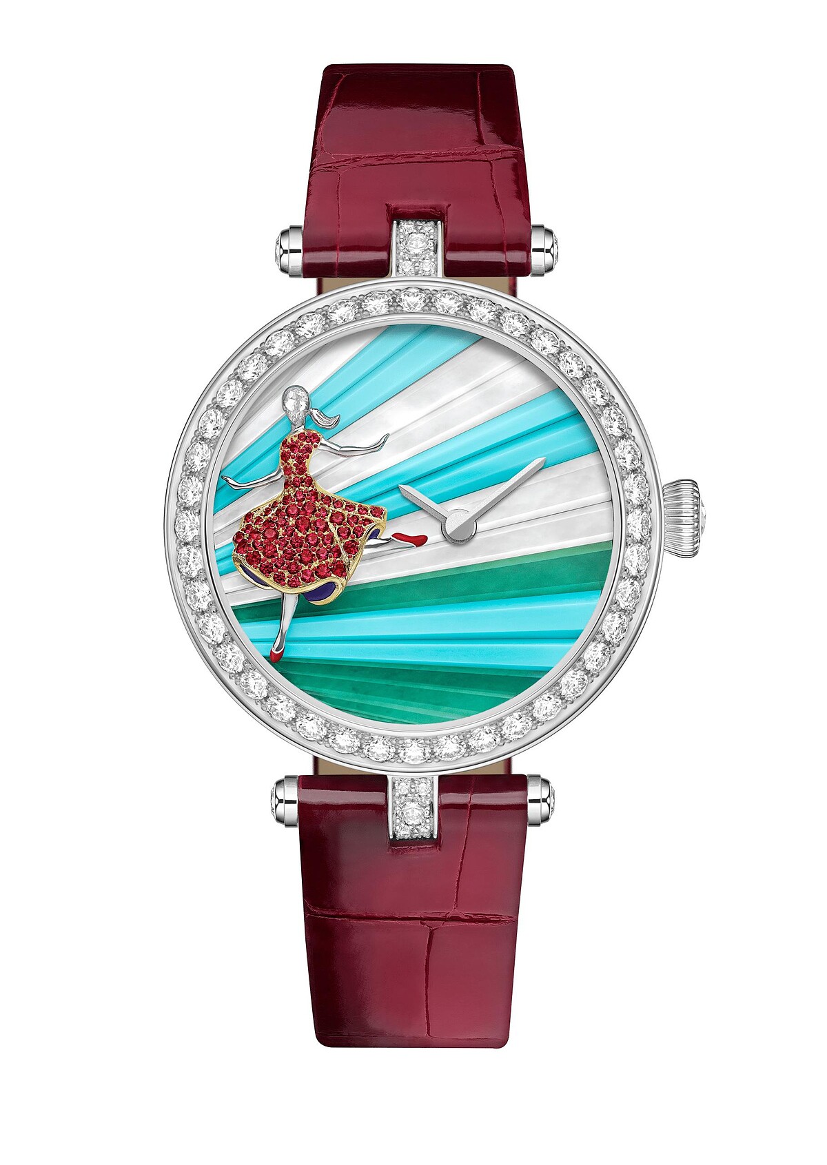 Lady Danse腕錶，白K金、黃K金、鑽石、紅寶石、綠松石、綠玉髓、白色珍珠母貝、微型彩繪、手動上鍊機械機芯，建議售價約新台幣2,830,000元