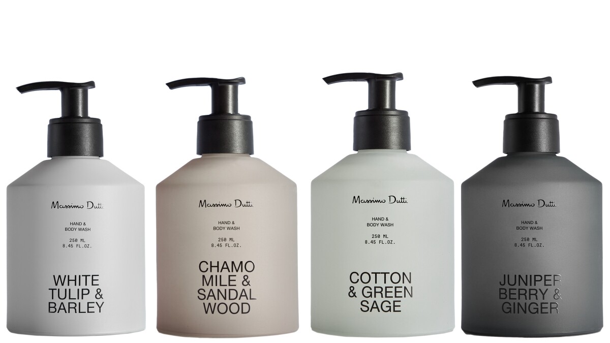 半透明玻璃包裝的Massimo Dutti手部身體清潔乳,250ml,NT790。另有補充包500ml,NT590