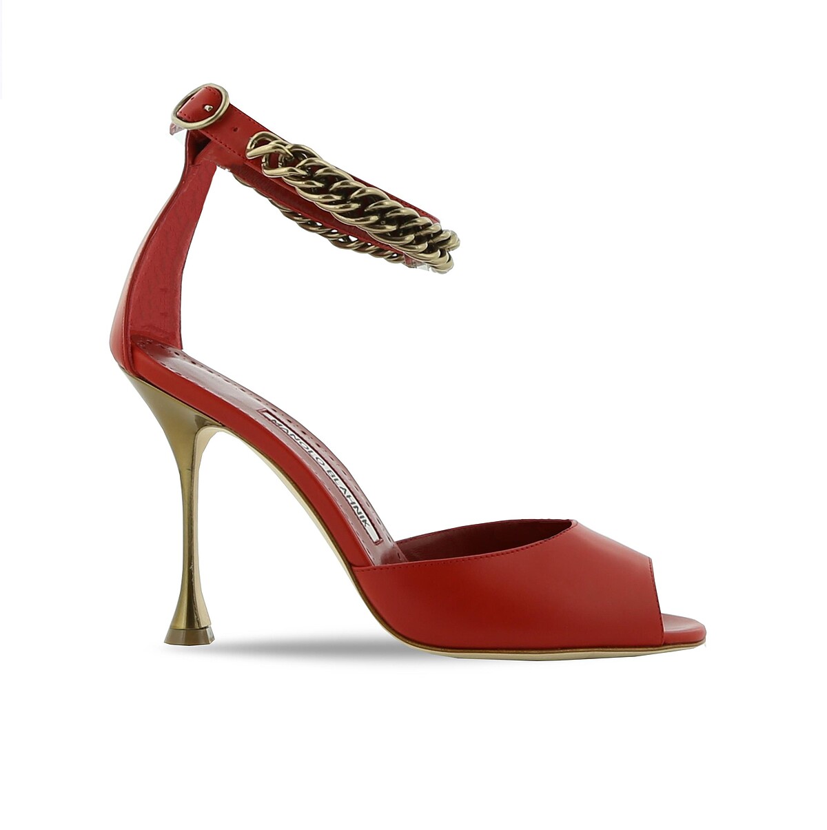 MANOLO BLAHNIK FOMBRA 鏈帶高跟涼鞋，NT39,800。