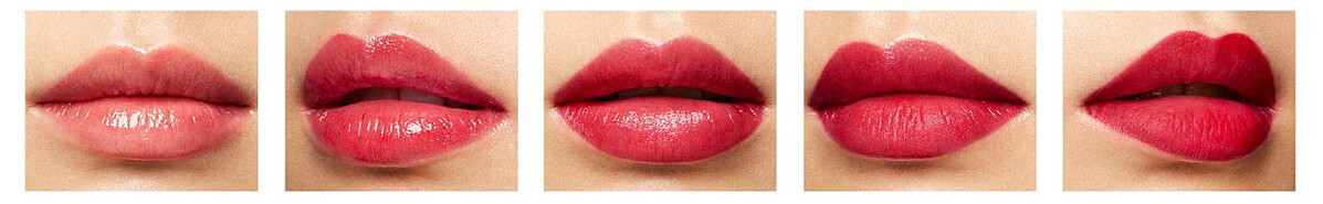 黛珂同名訂製唇膏(左起)#01能量紅(高光澤Shine)、#02能量紅(光澤Glow)、#03能量紅(微光Satin)、#04能量紅(微霧Velvet)、#05能量紅(粉霧Matte)