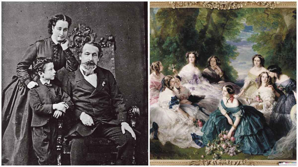 1844 Eugenie 毆仁妮皇后與拿破崙三世及兒子，Eugenie 皇后可說是Louis Vuitton的第一個VIP，時尚品味備受推崇。