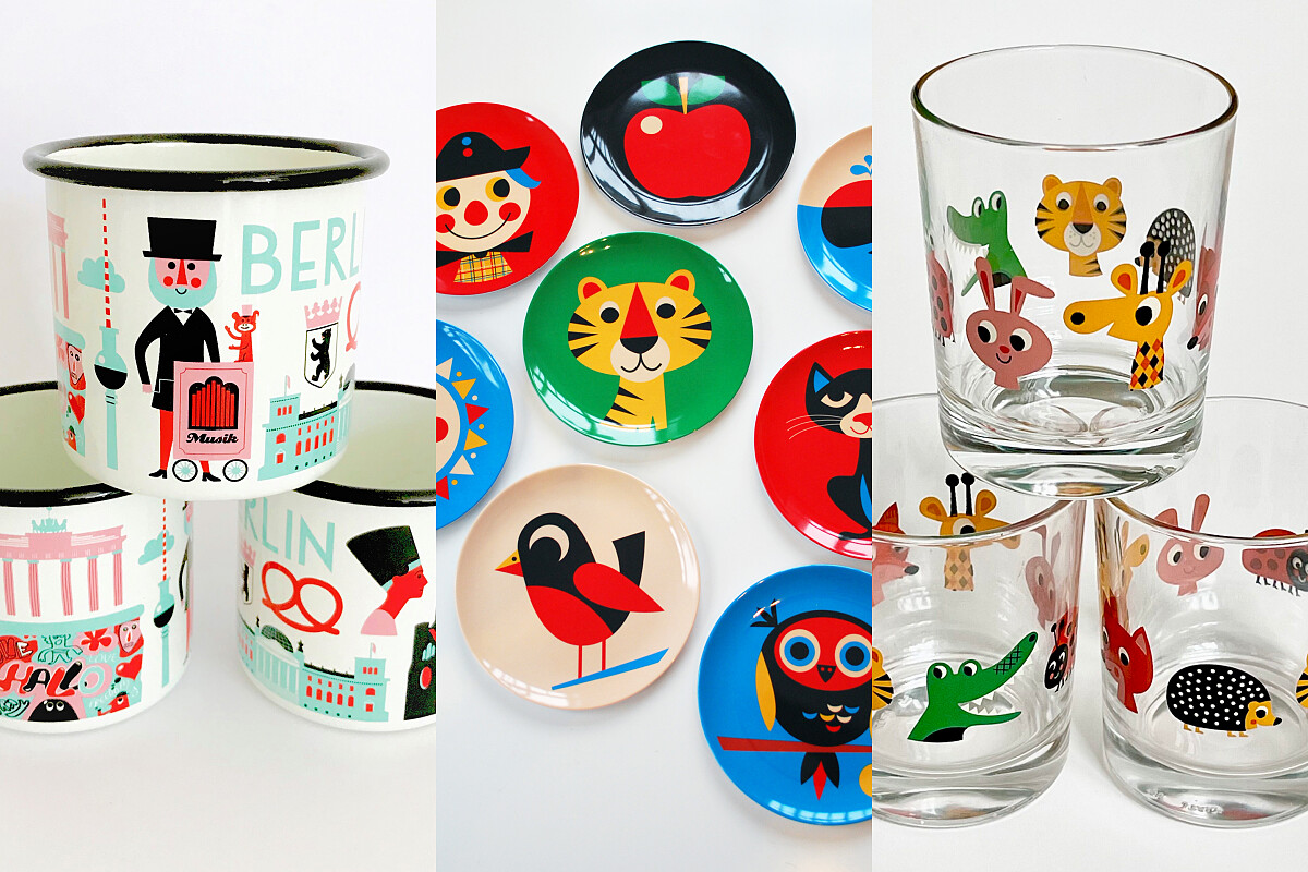 （左）珐瑯馬克杯，（中）美耐皿餐盤，有各式的動物插畫，（右）玻璃水杯。）