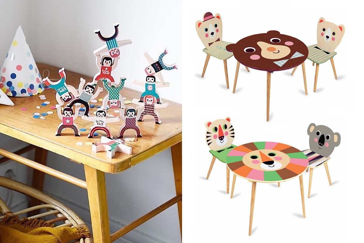 （左）木製疊疊樂，（右）兒童桌椅組。