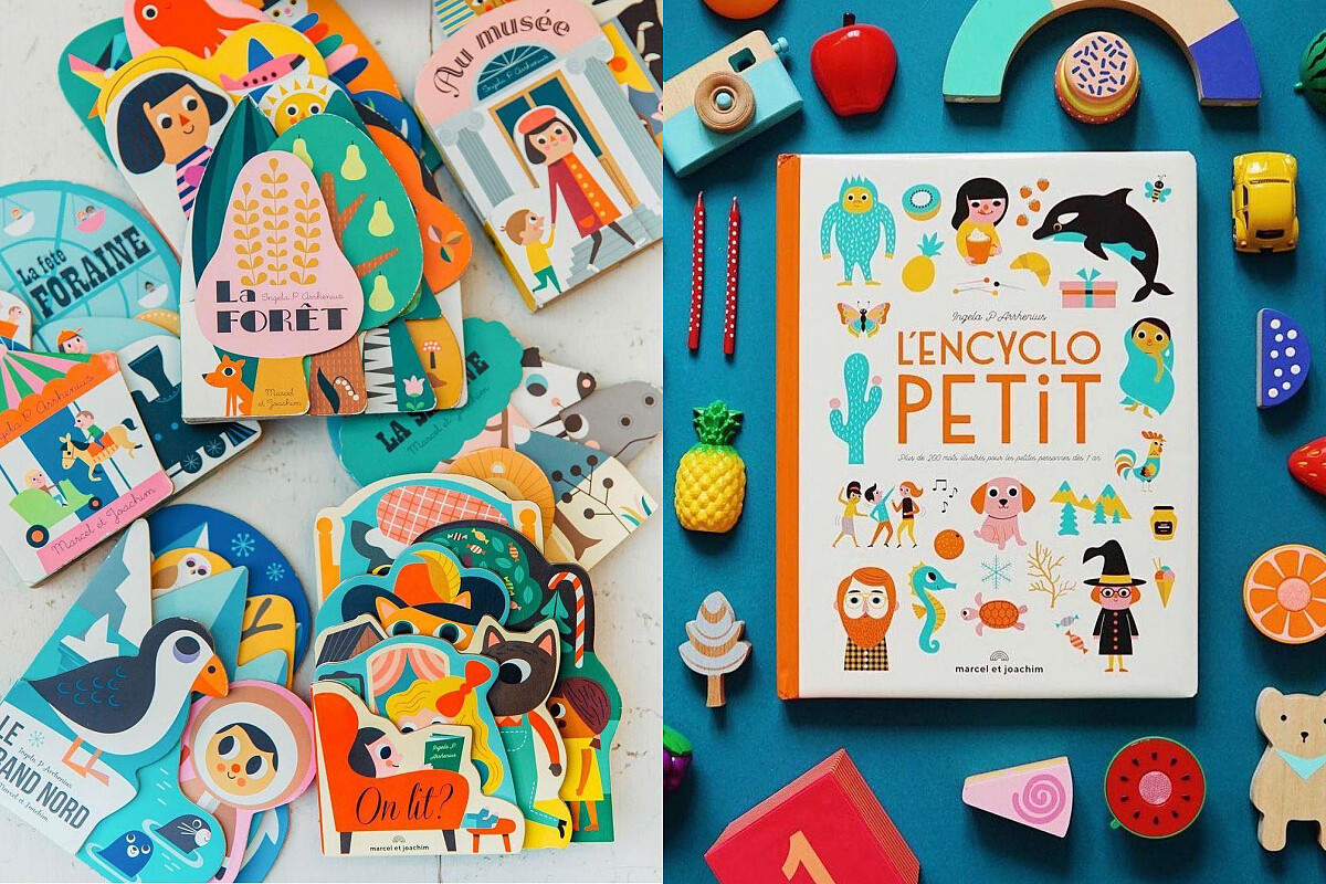 （左）不同主題的造型硬頁書，從博物館到小旅行，目前有八冊；（右）按主題分類的插話單字書。