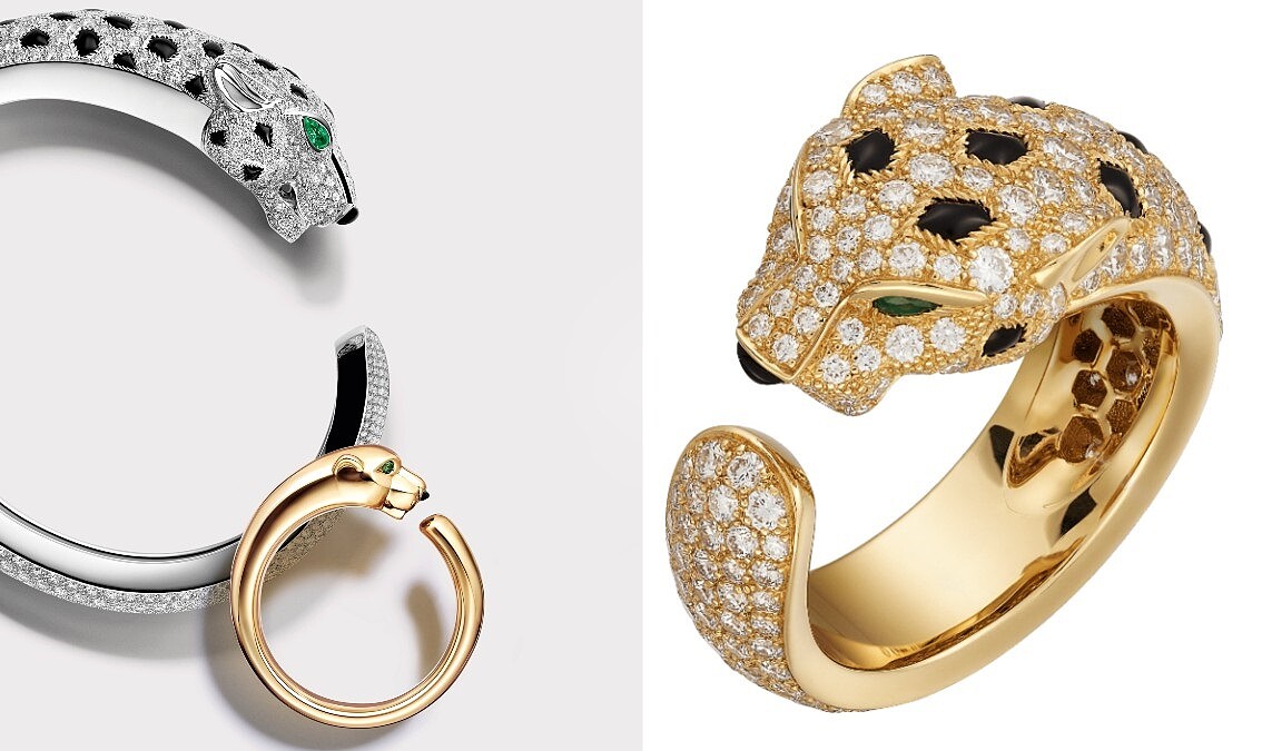 La Panth&egrave;re美洲豹鋪鑽手環(白K金，祖母綠，縞瑪瑙，鑽石)、Panth&egrave;re de Cartier美洲豹戒指(黃K金)、Panth&egrave;re de Cartier美洲豹戒指(黃K金，祖母綠，縞瑪瑙，鑽石)。