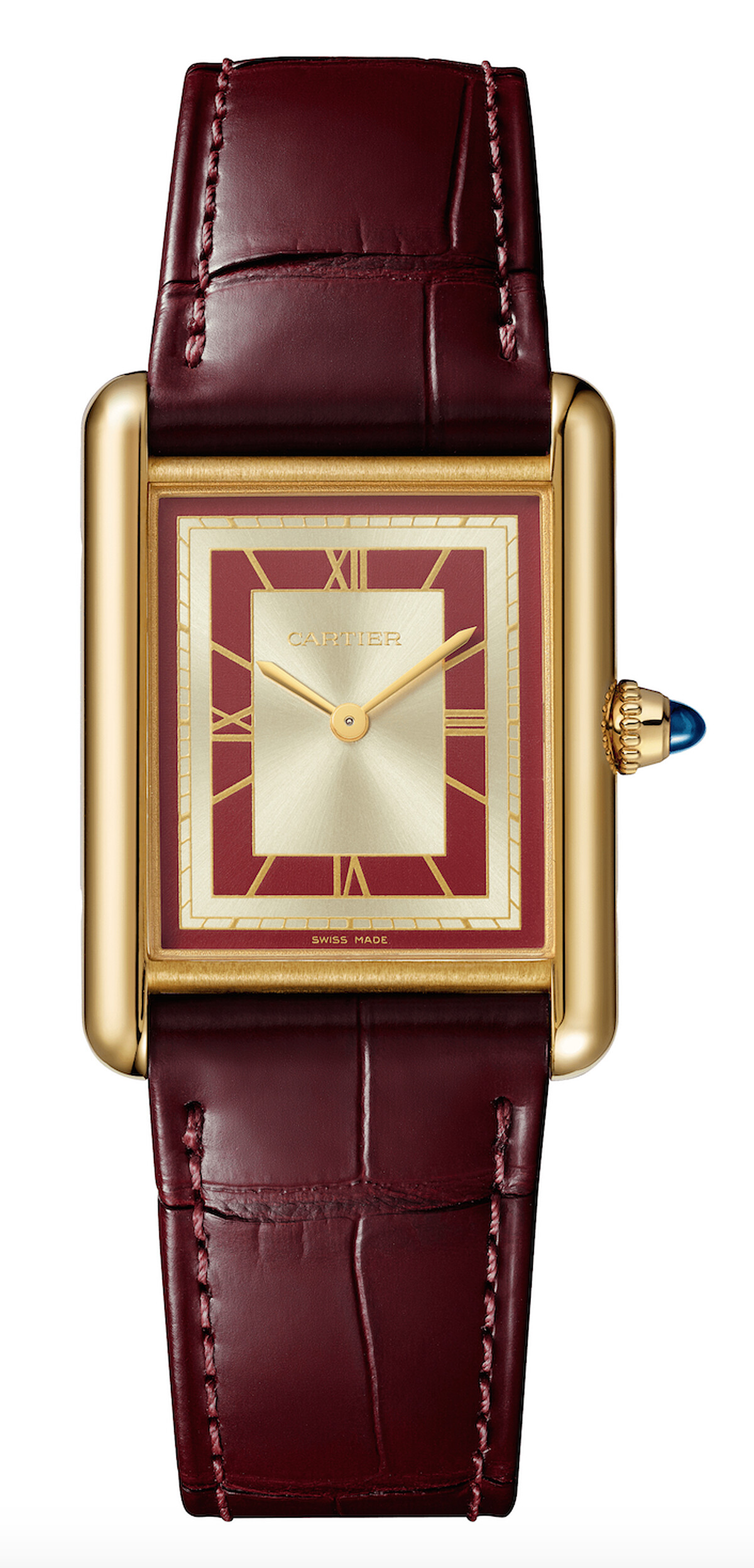 Tank Louis Cartier腕錶，大型款 黃K金，手動上鍊機械機芯，紅色及珠光錶盤，半啞光深紅色鱷魚皮錶帶。 參考價格約NT$ 405,000
