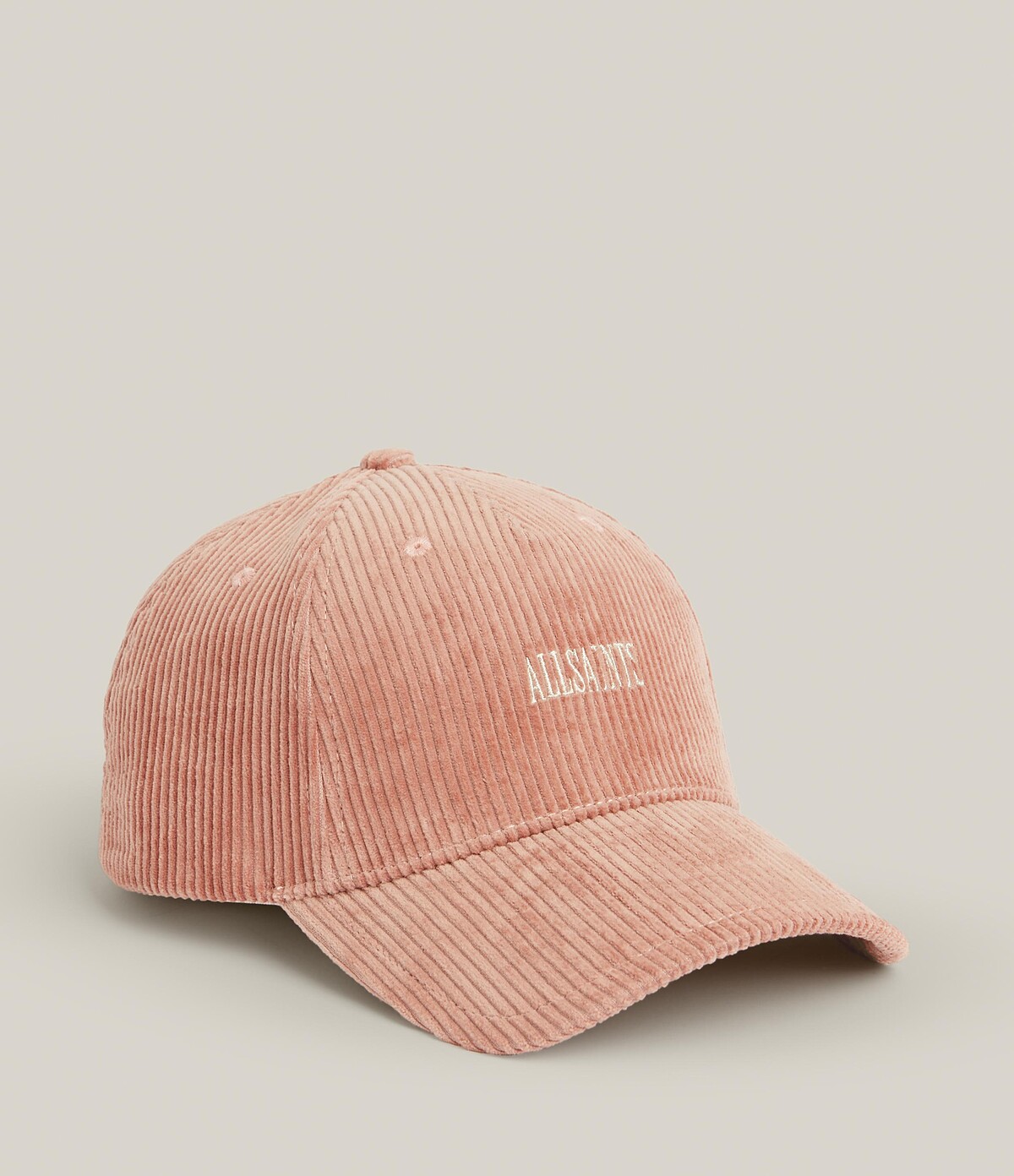 AllSaints Willa 粉色燈芯絨棒球帽，NT2500 (官網獨家販售)。