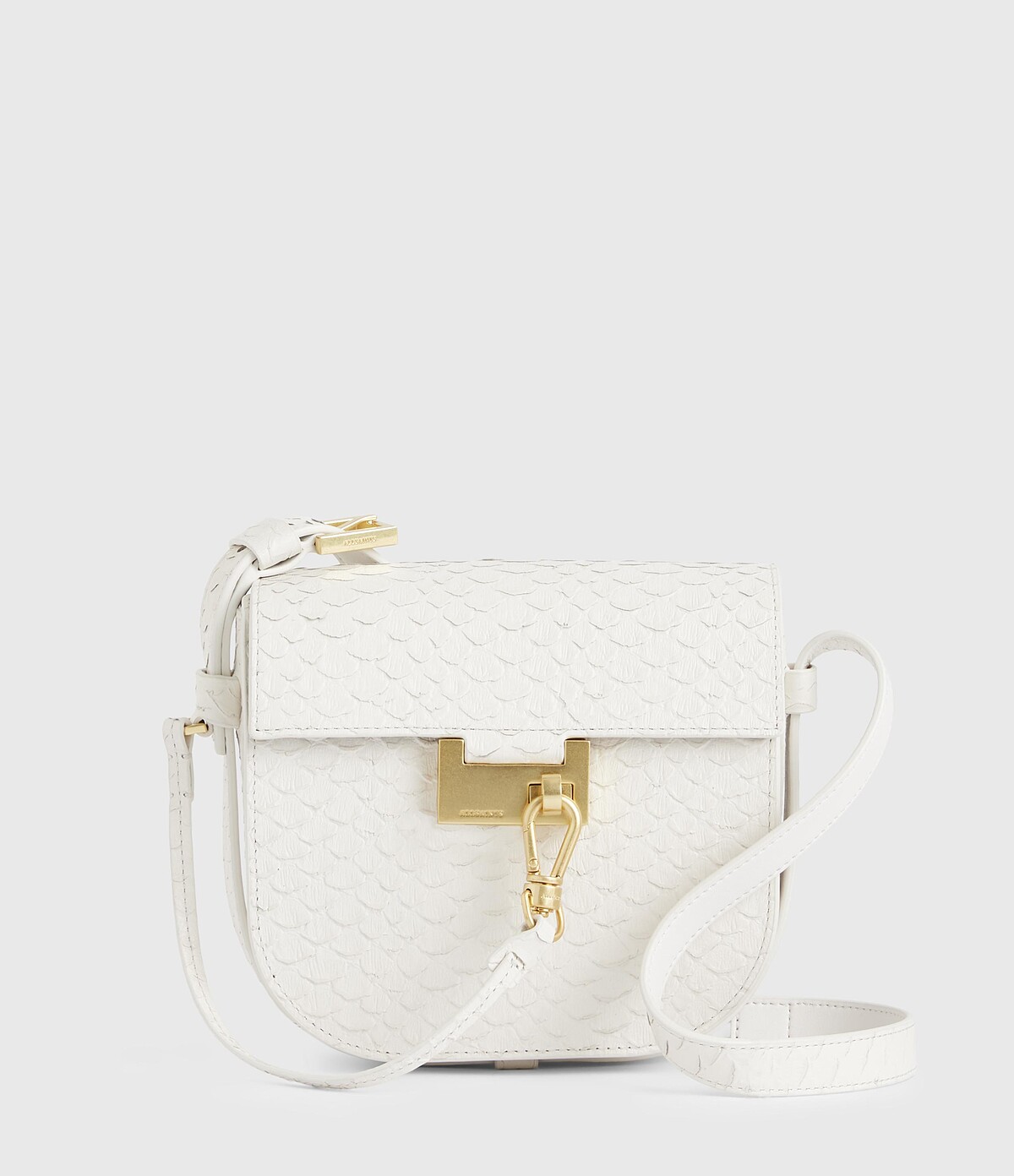 AllSaints Ida蛇紋壓紋牛皮斜背包，NT11200。