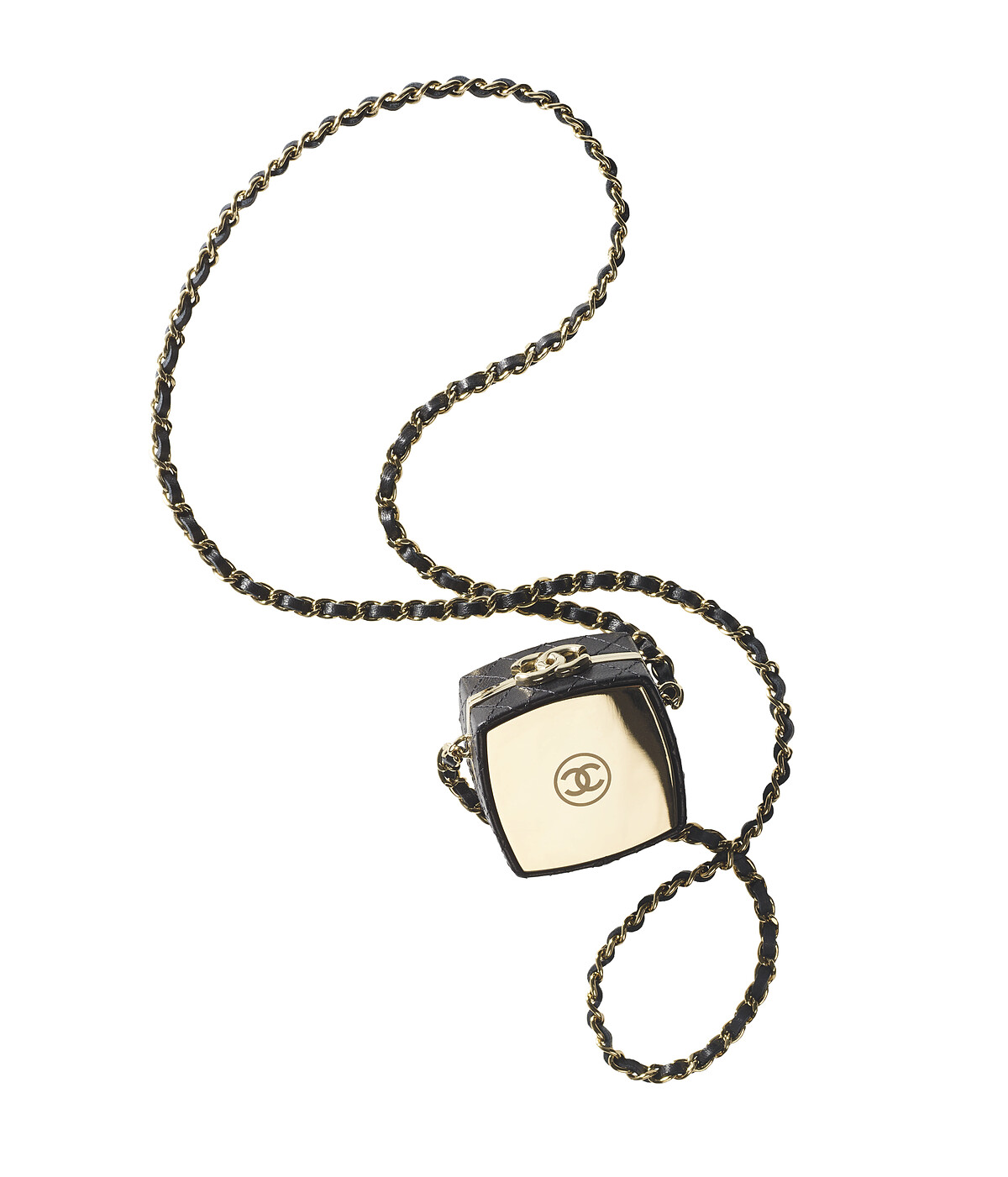 香奈兒黑色皮革鏡面粉餅盒造型皮穿鍊晚宴小包,NT85,000