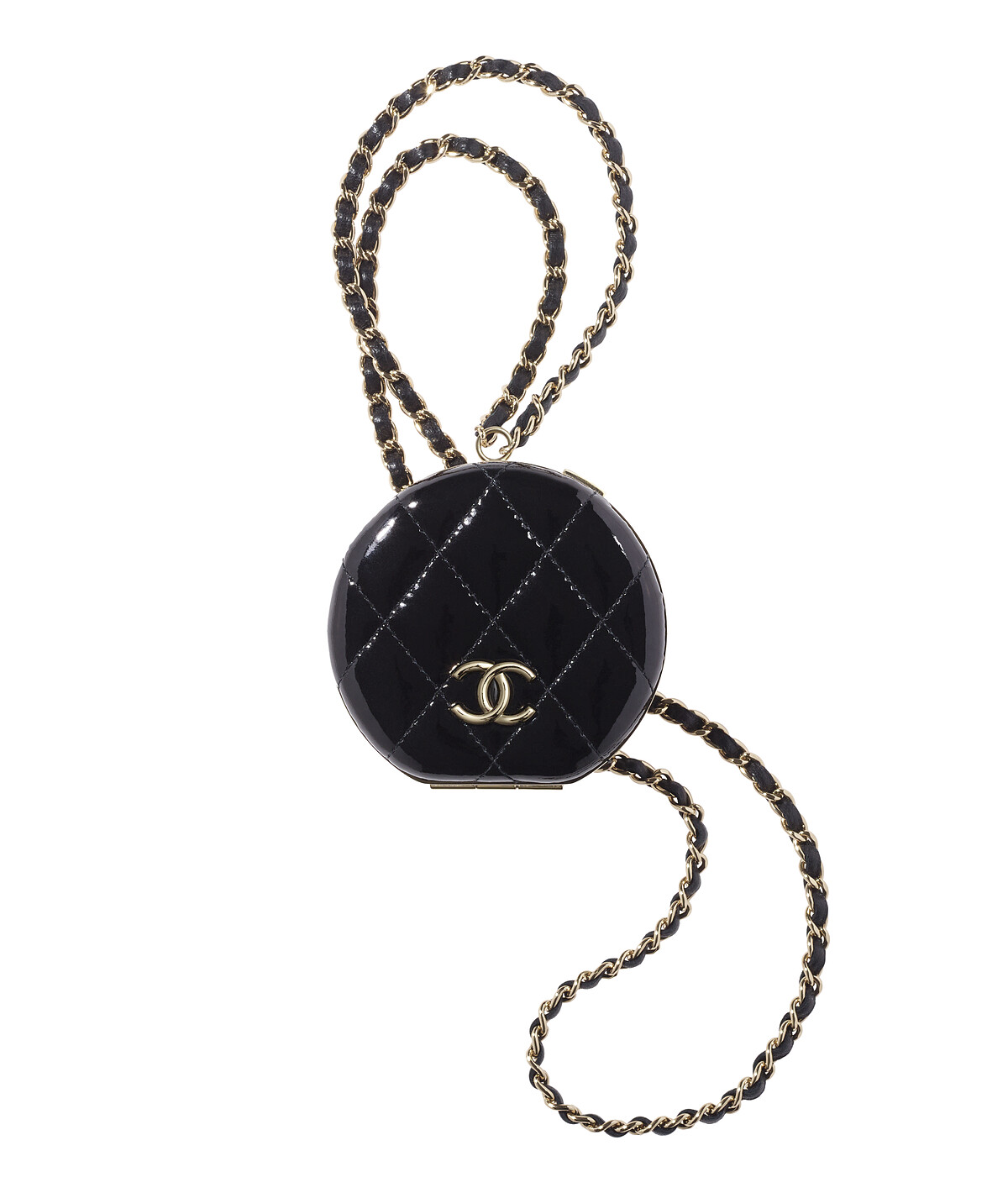 香奈兒黑色菱格紋皮穿鍊長項鍊造型鏡子包,NT83,300