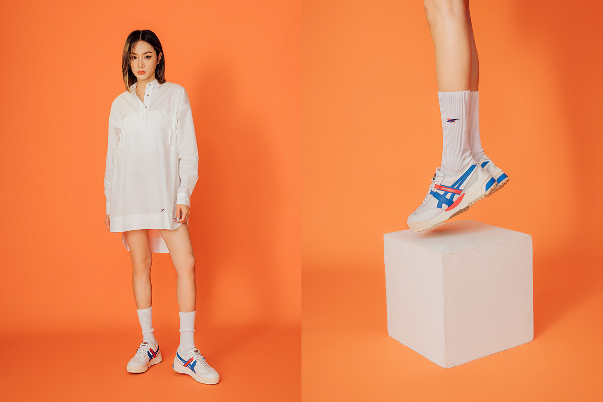 白色長襬繫帶設計襯衫，NT 4,480、中筒襪，NT480、DELEGATION EX鞋款，NT4,580。