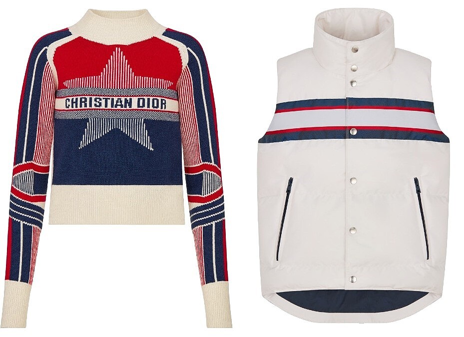 (左)DiorAlps 幸運星合身針織毛衣、(右)DiorAlps 條紋裝飾白色羽絨背心