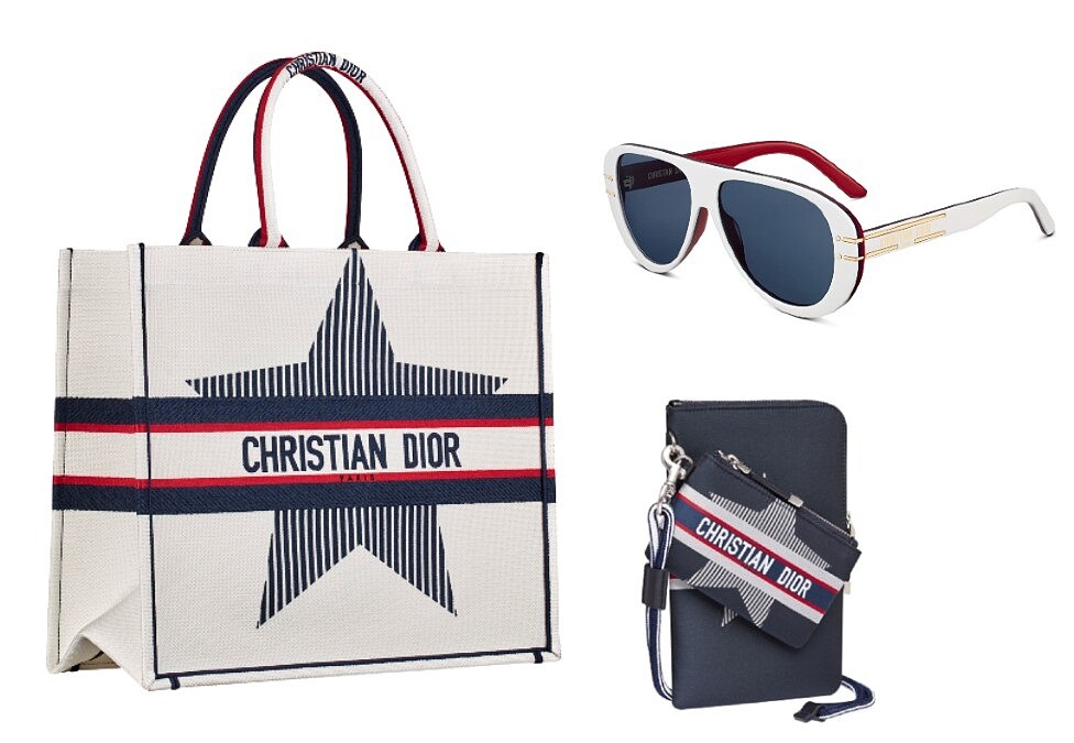(左)DiorAlps Book 拿鐵白幸運星刺繡托特包、(上)DiorSignature A2U DiorAlps 白紅復古框飛行員墨鏡、(下)DiorAlps 藍色帆布幸運星隨身包