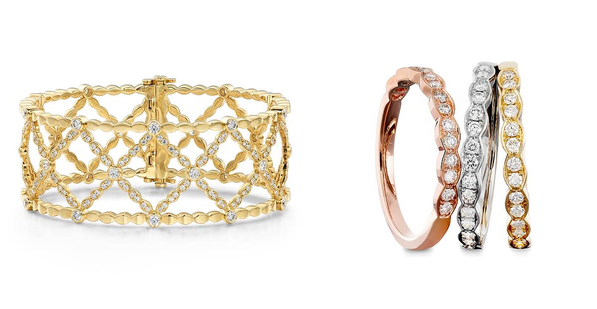 Lorelei Lattice黃K金鑽石手環、Lorelei Floral鑽石戒指。 
