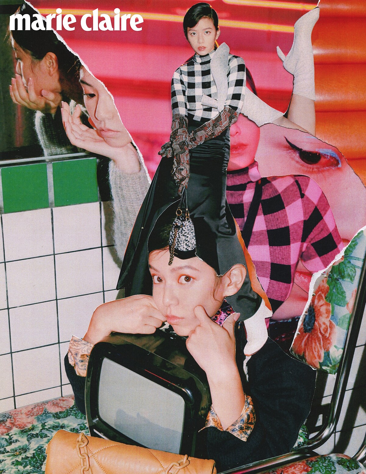 駝色針織衫，Miu Miu；印花襯衫、白色蕾絲拼接領針織衫、海軍藍針織洋裝，all by Sandro；黑白格紋高領衫、絲緞長裙，both by Sportmax；印花圖紋針織長手套，Prada；白色短靴、黑白毛呢面料水桶型鍊袋包，both by Charles & Keith。