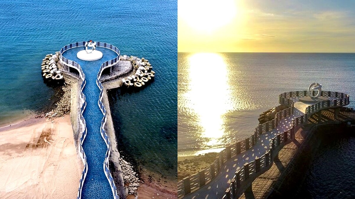 新北「芝蘭公園海上觀景平台」完工！57公尺水藍色長廊，成最新約會景點