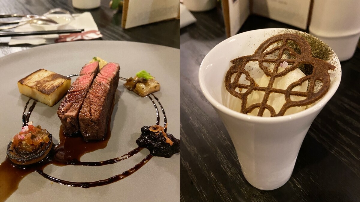 五味菲力牛排、桂花烏龍漂浮島