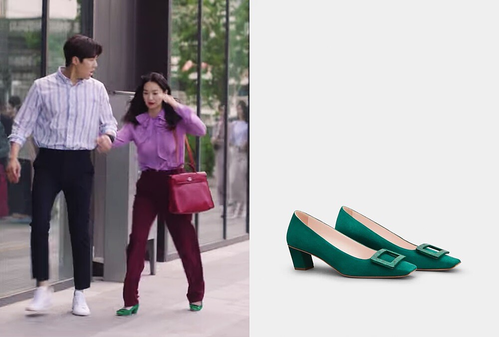 Belle Vivier草綠色麂皮方釦跟鞋,NT31,600