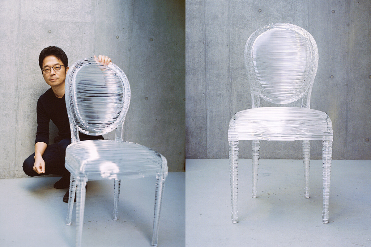 日本建築師吉岡德仁使用且推疊364片的透明材質，展示了光影可穿透流動的圓背椅。