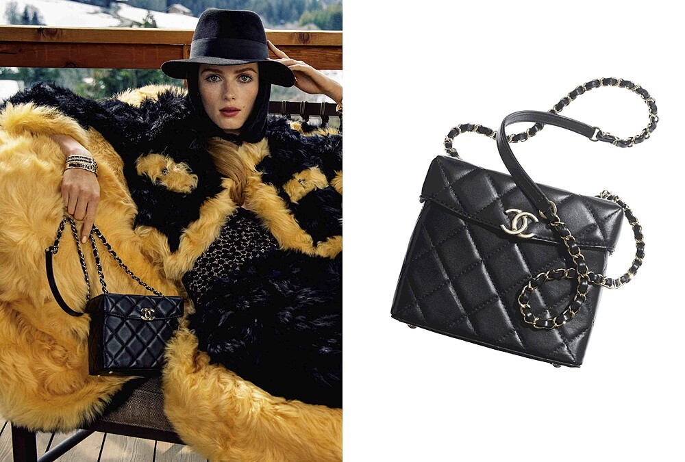 黑色皮革菱格紋皮穿鍊雙C Logo肩背包，NT138,200